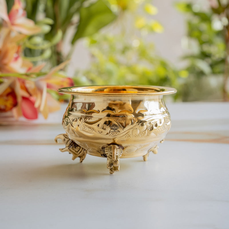 Pure Brass Mini Urli with Elephant-Head Legs For Home Décor - 250 ML