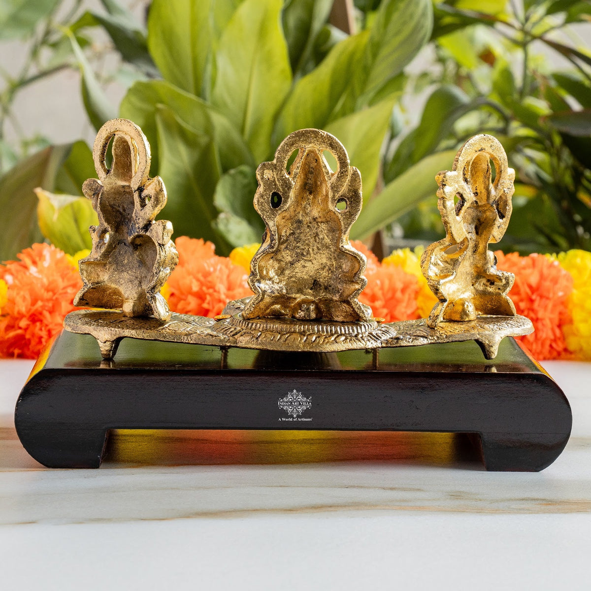 Brass Finish Ganesh Ji Laxmi JI & Saraswati Ji Murti On Wooden Base