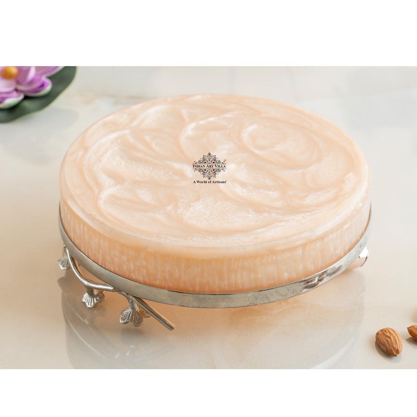 Silver Plated Resin Belgium Pink Decorative Tray, Festive Use, Gifting And Vanity Organizer