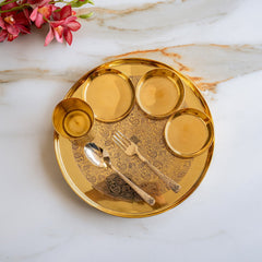 Pure Brass Embossed Thali Set 31.75 cm with Bowls, Spoon & Glass