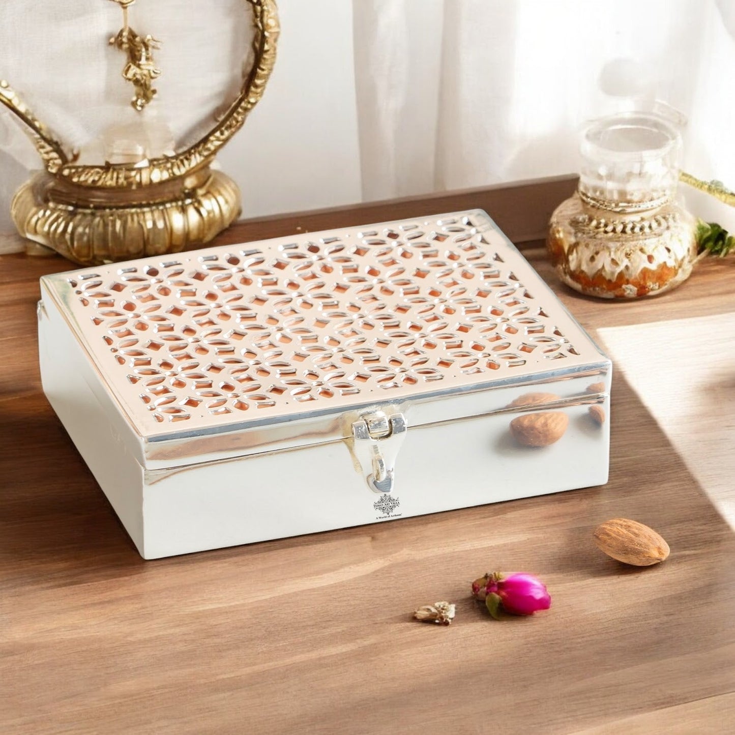 Silver Plated Multi-Purpose Box with Jali Cutting Design, Elegant Silver & Copper Finish
