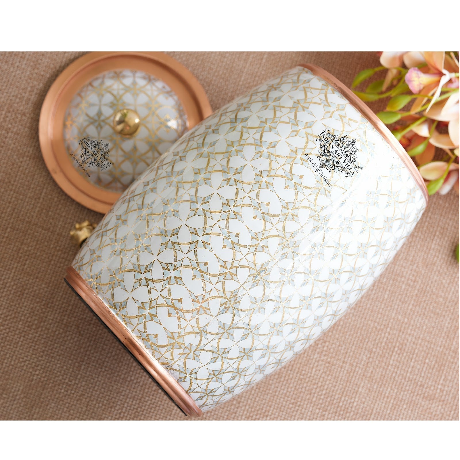 Handcrafted Pure Copper Water Pot with Gold Print Design, Ayurveda Water Vessel, 10 Ltr.