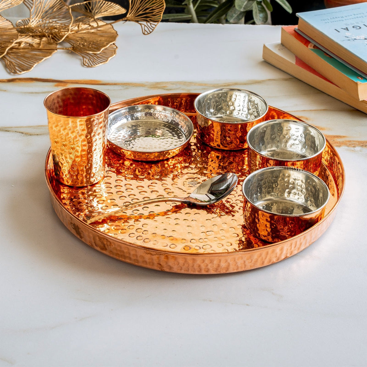 7-Piece Copper Dinner Set, Hammered Thali, 3 Katori, Plate, Glass & Spoon