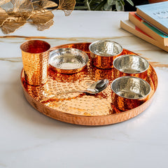 7-Piece Copper Dinner Set, Hammered Thali, 3 Katori, Plate, Glass & Spoon