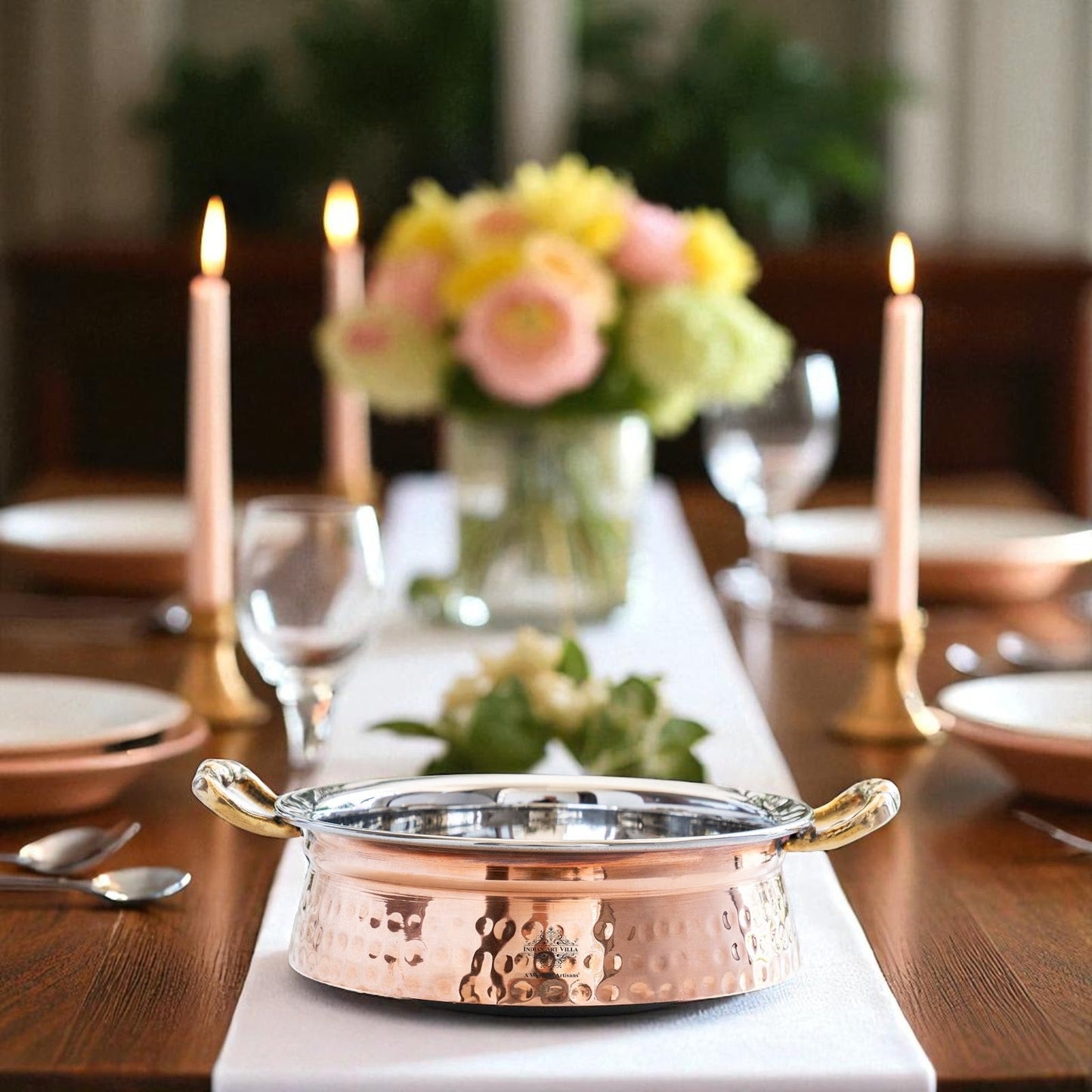 Copper Steel Handi Casserole with Brass Handles & Induction Base