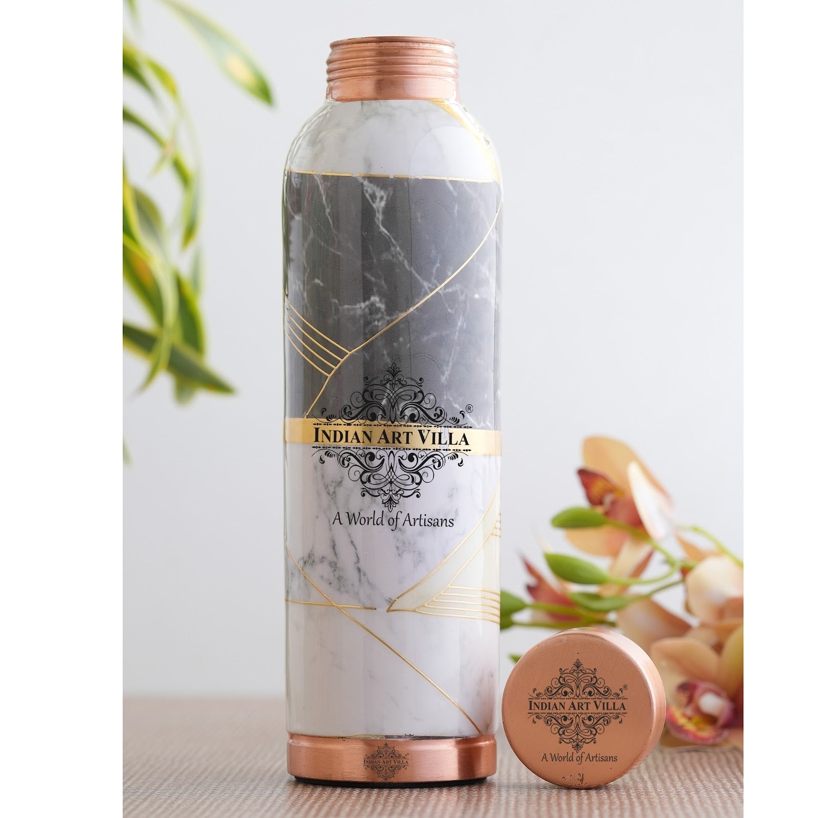 Pure Copper Water Bottle with Different Gold Print Designs, 900 ML