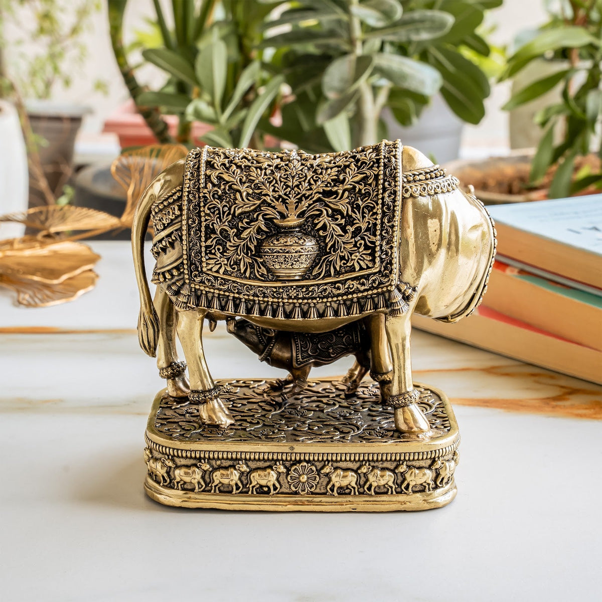 Pure Brass Kamdhenu Cow with Calf For Home Temple - 15.24 cm.