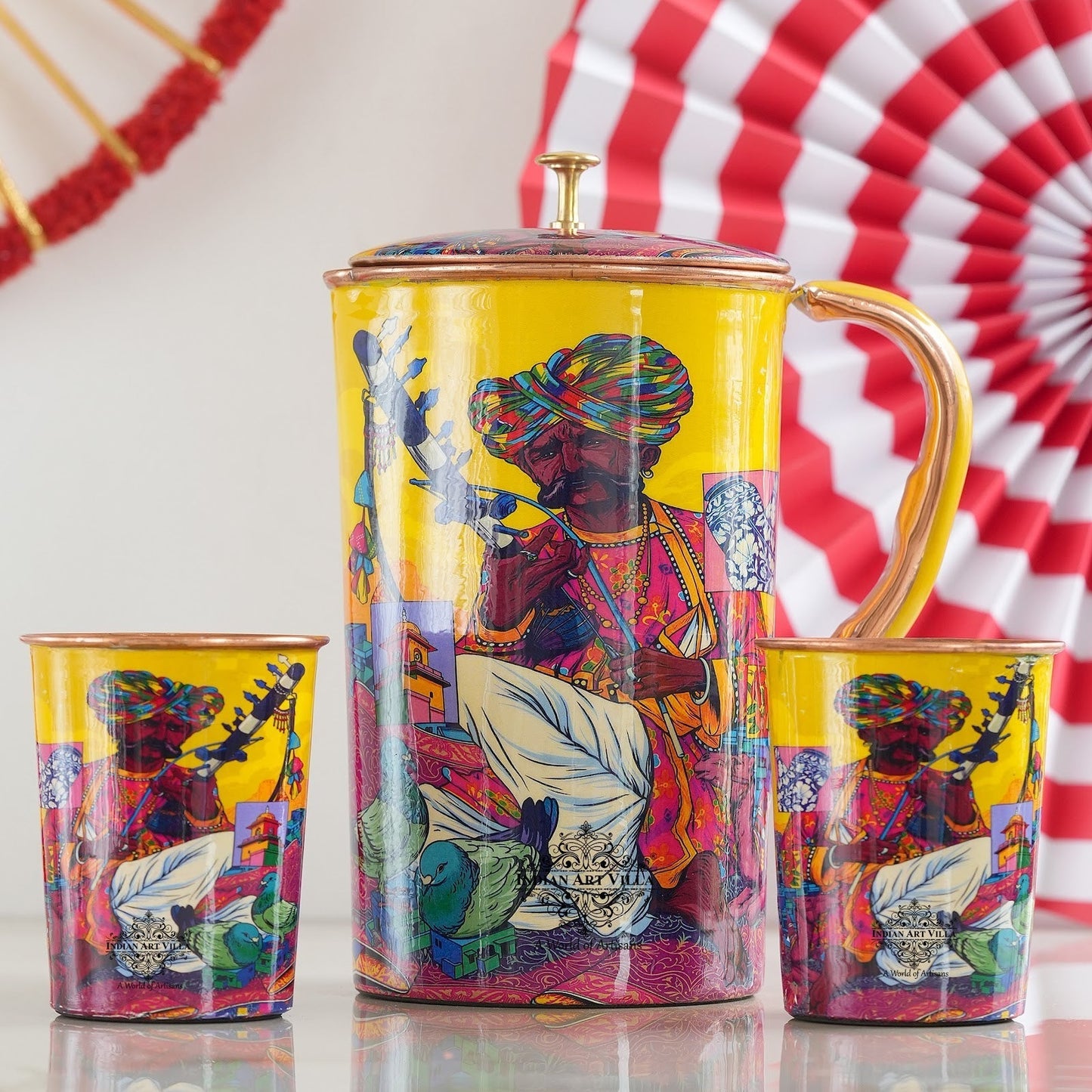 Pure Copper Printed Padharo Mhare Desh Jug & Glass Gift Set