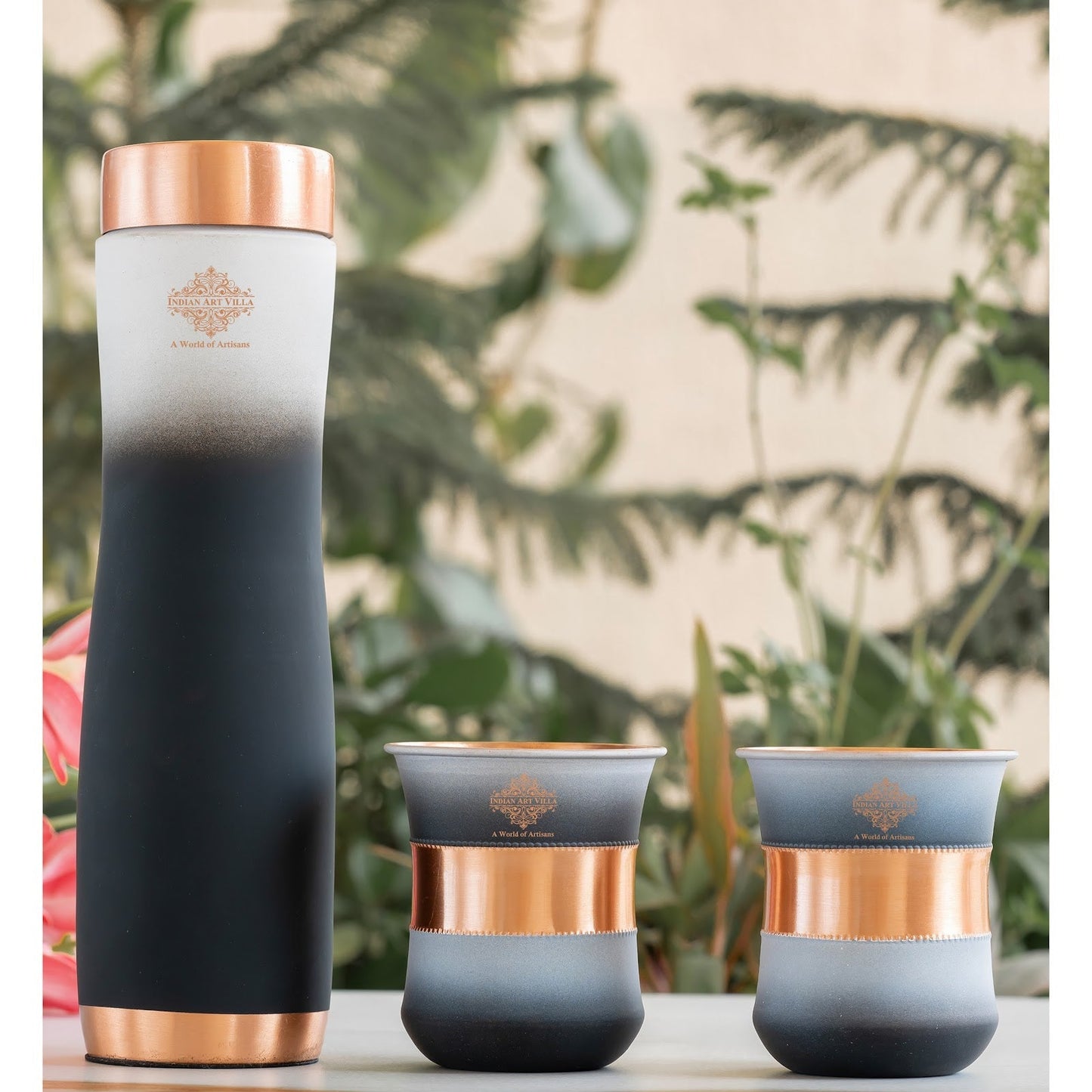 Matt Ombre Copper Bottle and Glass Set with Royal Look  Bottle-900 Ml, Glass-275Ml
