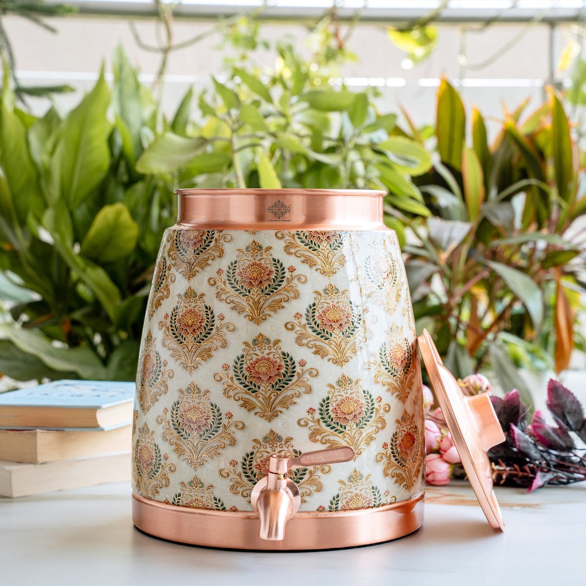 Copper Water Pot With Decorative Floral Kalakriti Print & Brass Tap- 7100 ML