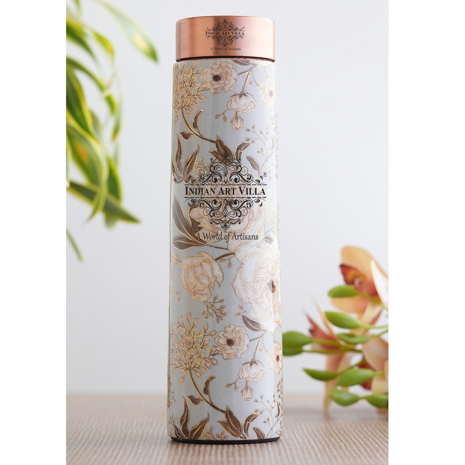 Pure Copper Water Bottle with Pyramid Shape Gold Print Design, 800 ML