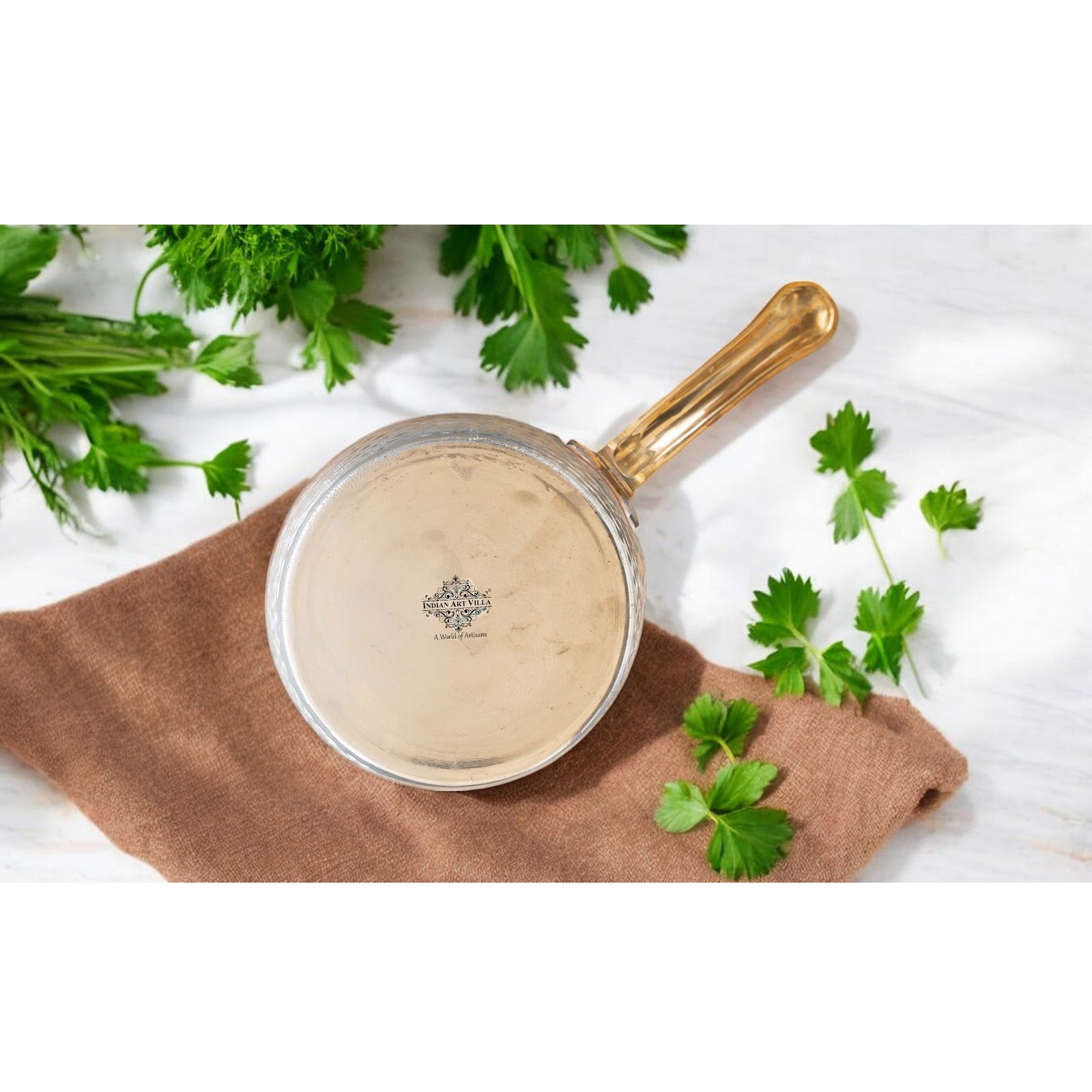 Pure Copper Hammered Tin Lining Round Sauce Pan Brass Stand