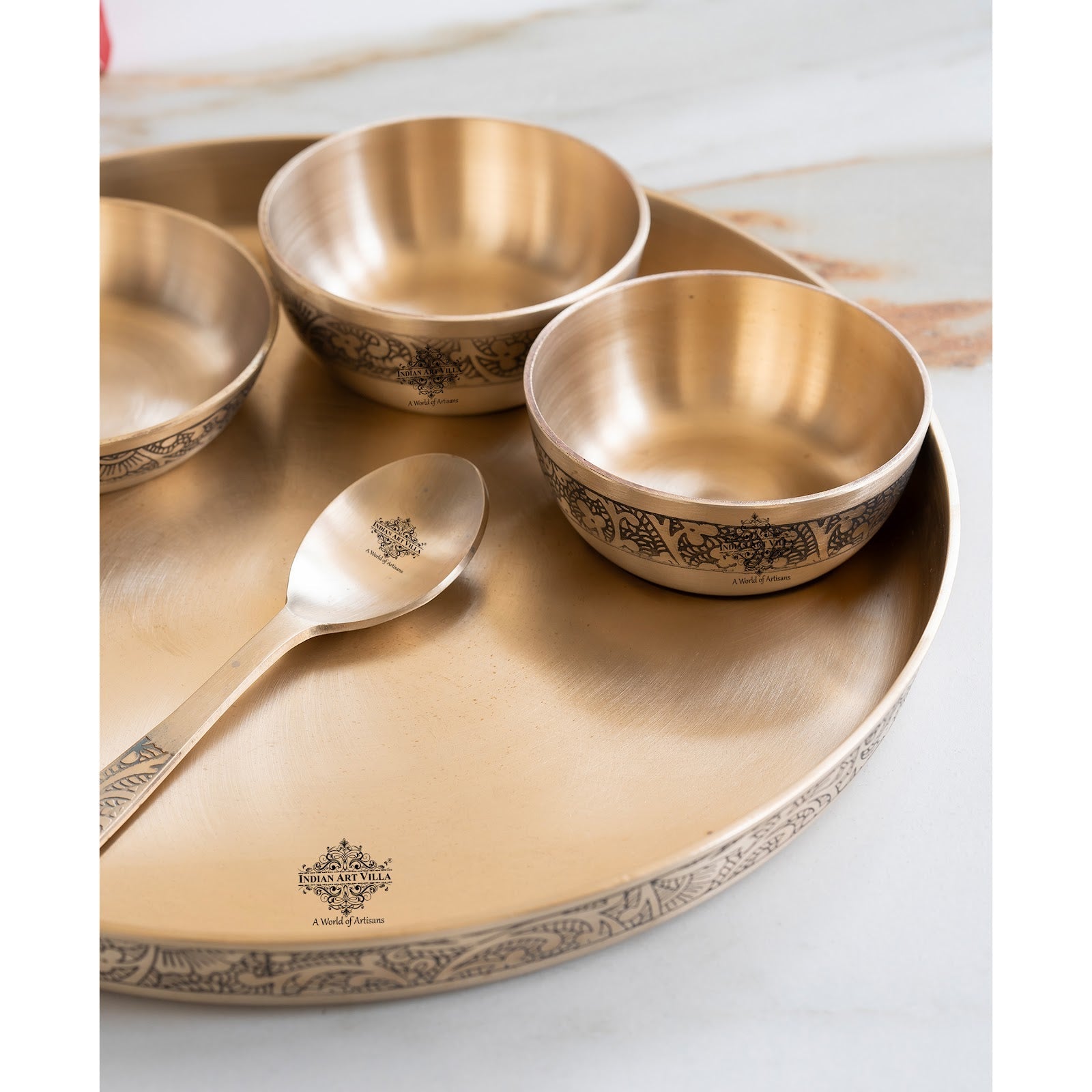 Pure Bronze Thali Set | 6 Pieces Dinner Set With Embossed Design