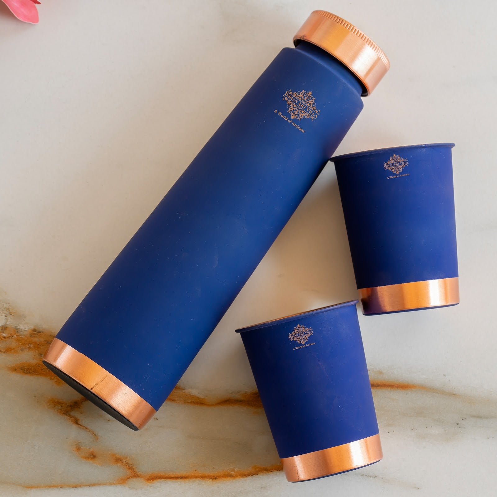 Pure Copper Bottle And Glass Set With Silk Finish Pyramid Design