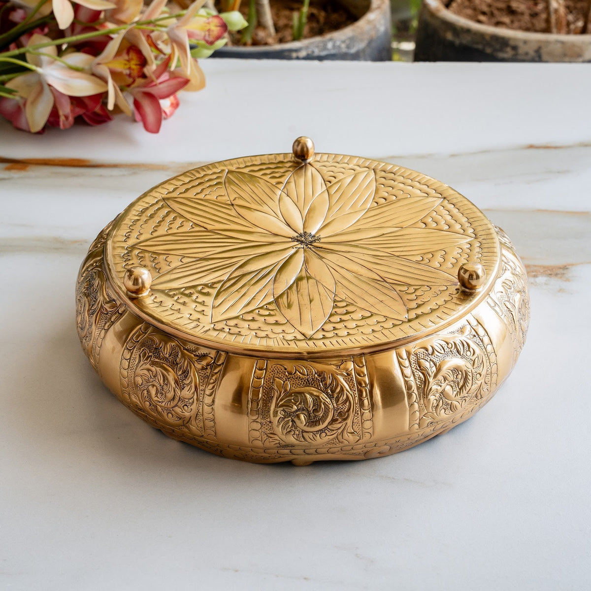 Pure Brass Embossed Scalloped Urli with Lotus Design