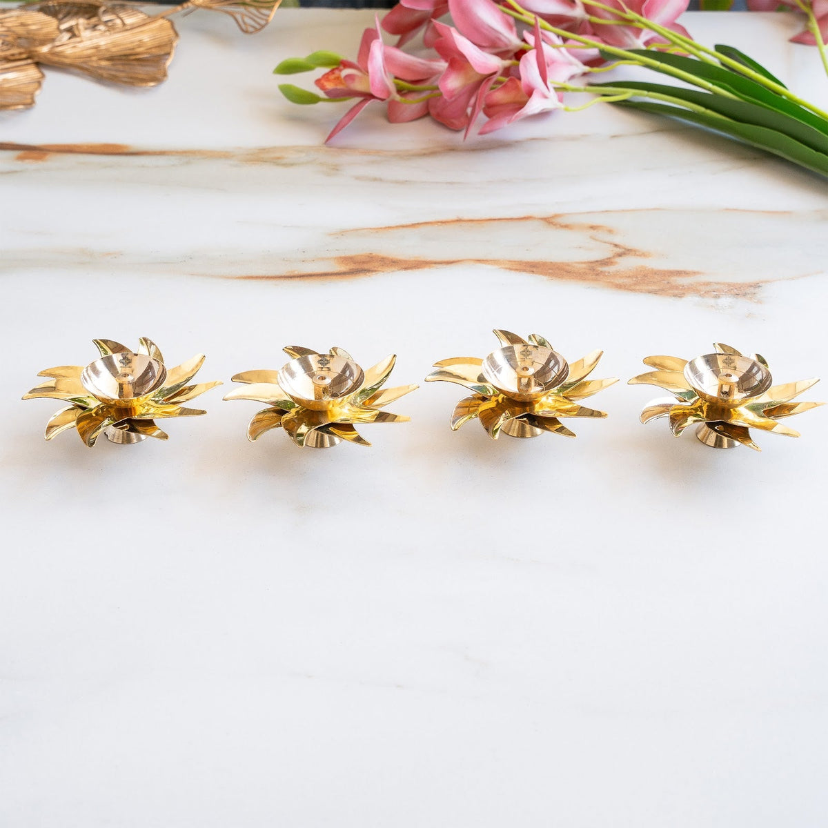 Brass Sunflower Design Diya Set of 4 -Temple Rituals & Traditional Gifting