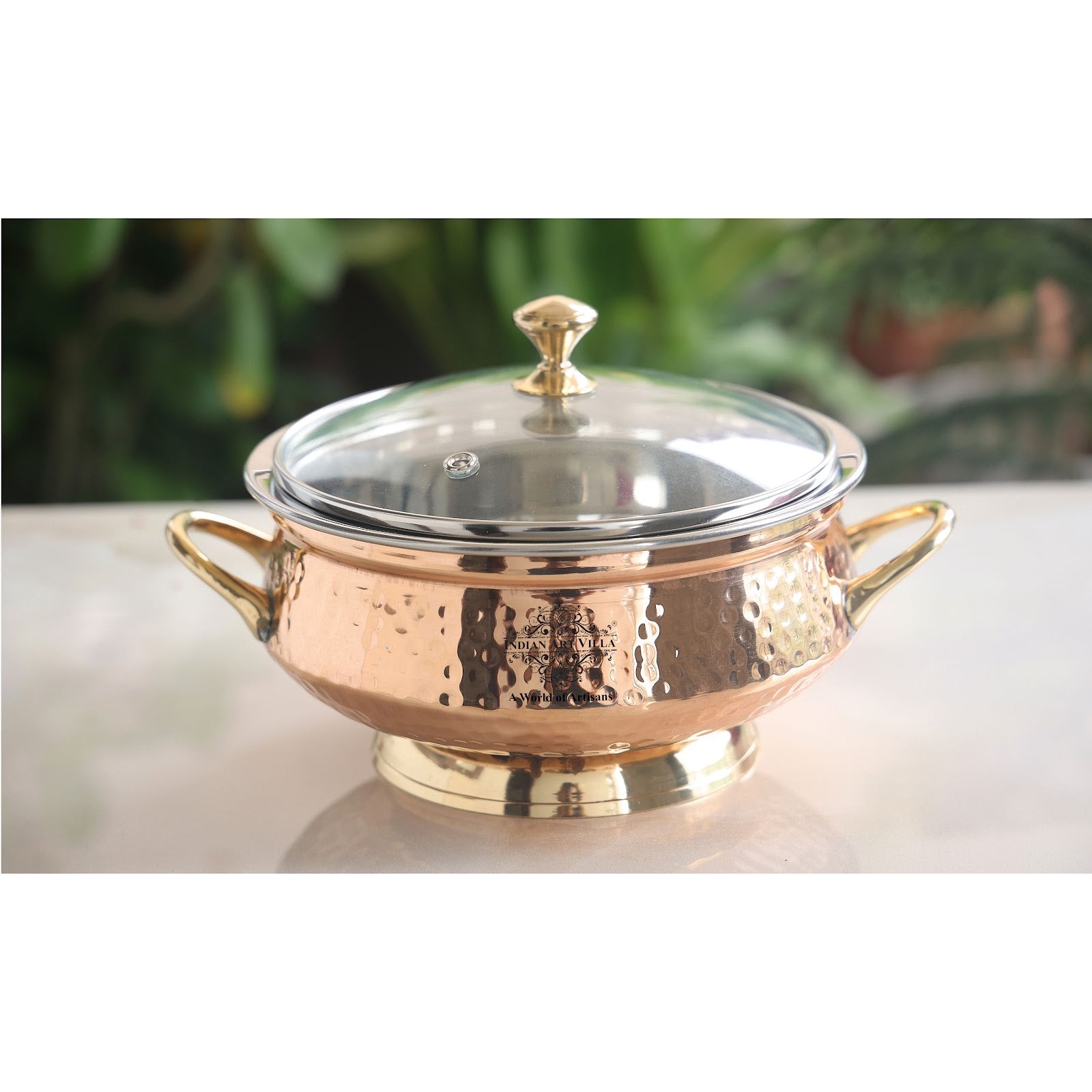 Handmade Steel Copper Hammer Mughlai Handi with Brass Handle, Bottom and lid- 23.37 cm Width, No.4