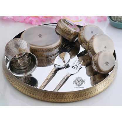 Steel Brass Curve Thali Set 9 Piece, Hammered Antique Finish Design Dinner Set