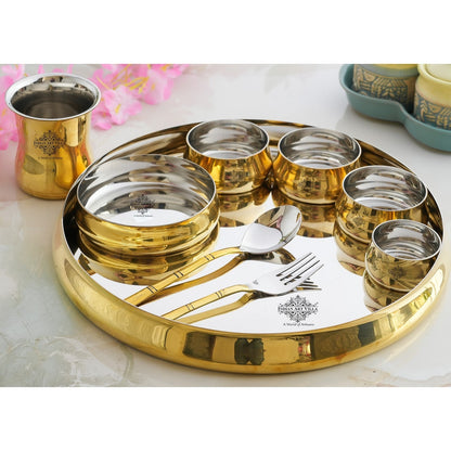 Steel Brass Curve Thali Set 9 Piece, Hammered Antique Finish Design Dinner Set