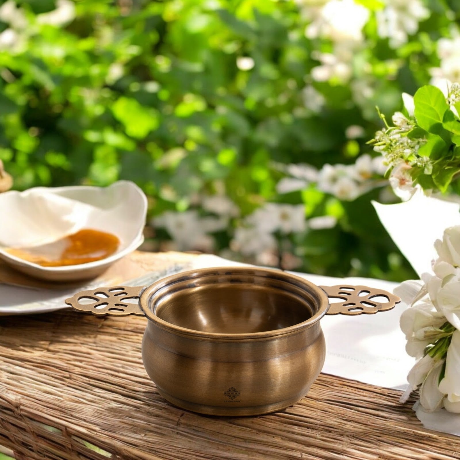 Brass Matt Finish Tea Infuser with Bowl Elegant Chai Chalani