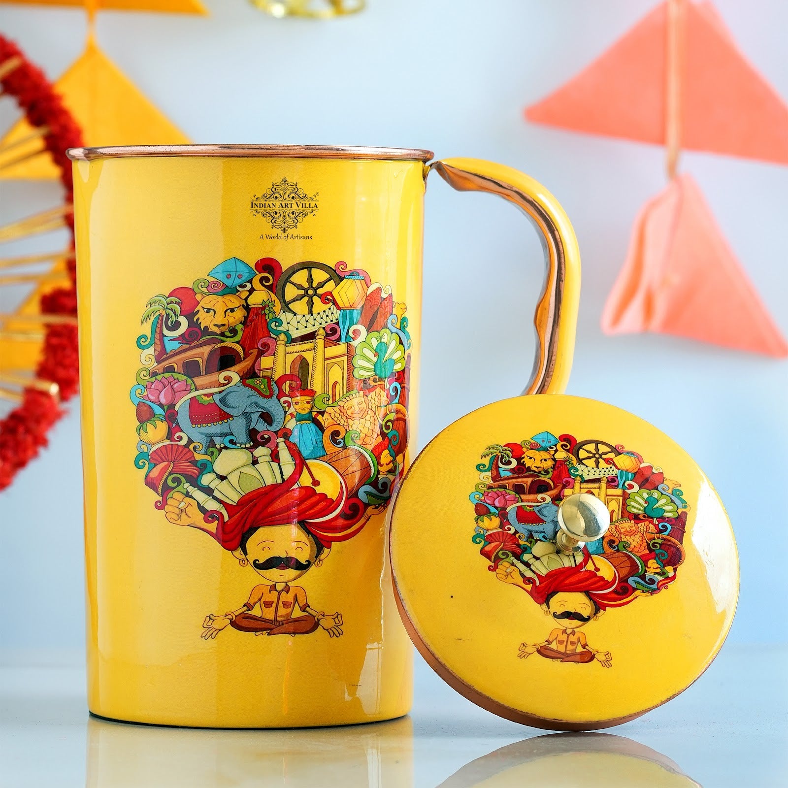 Pure Copper Printed Jug - Padharo Mhare Desh Design
