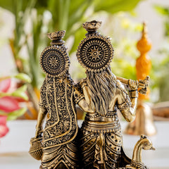 Brass Antique Finish Radha Krishna Standing Idol with Peacock & Cow - 20.32 cm