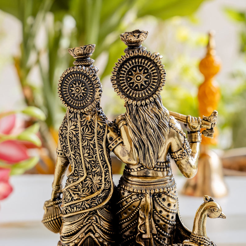 Brass Antique Finish Radha Krishna Standing Idol with Peacock & Cow - 20.32 cm