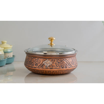 Premium Steel Copper Handi with Antique Finish, Intricate Embossed Design, and Glass Lid - Perfect for Serveware And Tableware.