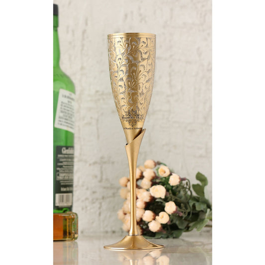 Handcrafted Pure Brass Embossed Design Flute Champagne Glass, Barware, Drinkware, Volume- 170 ML