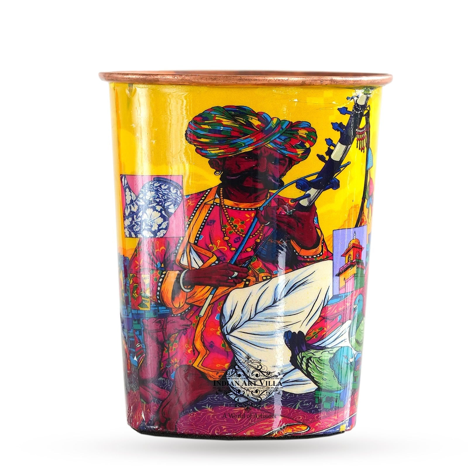 Rajasthani Meena "Padharo Mhare Desh" Printed Copper Bottle & Glass Set