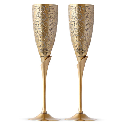 Handcrafted Pure Brass Embossed Design Flute Champagne Glass, Barware, Drinkware, Volume- 170 ML