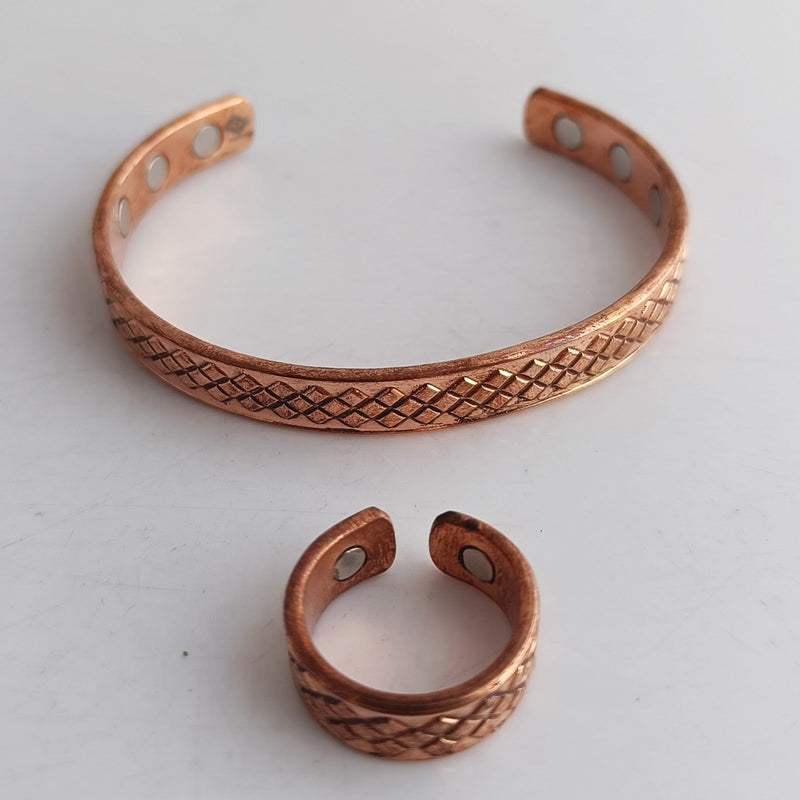 Pure Copper Diamond Design Bangle with Magnet & Matching Ring