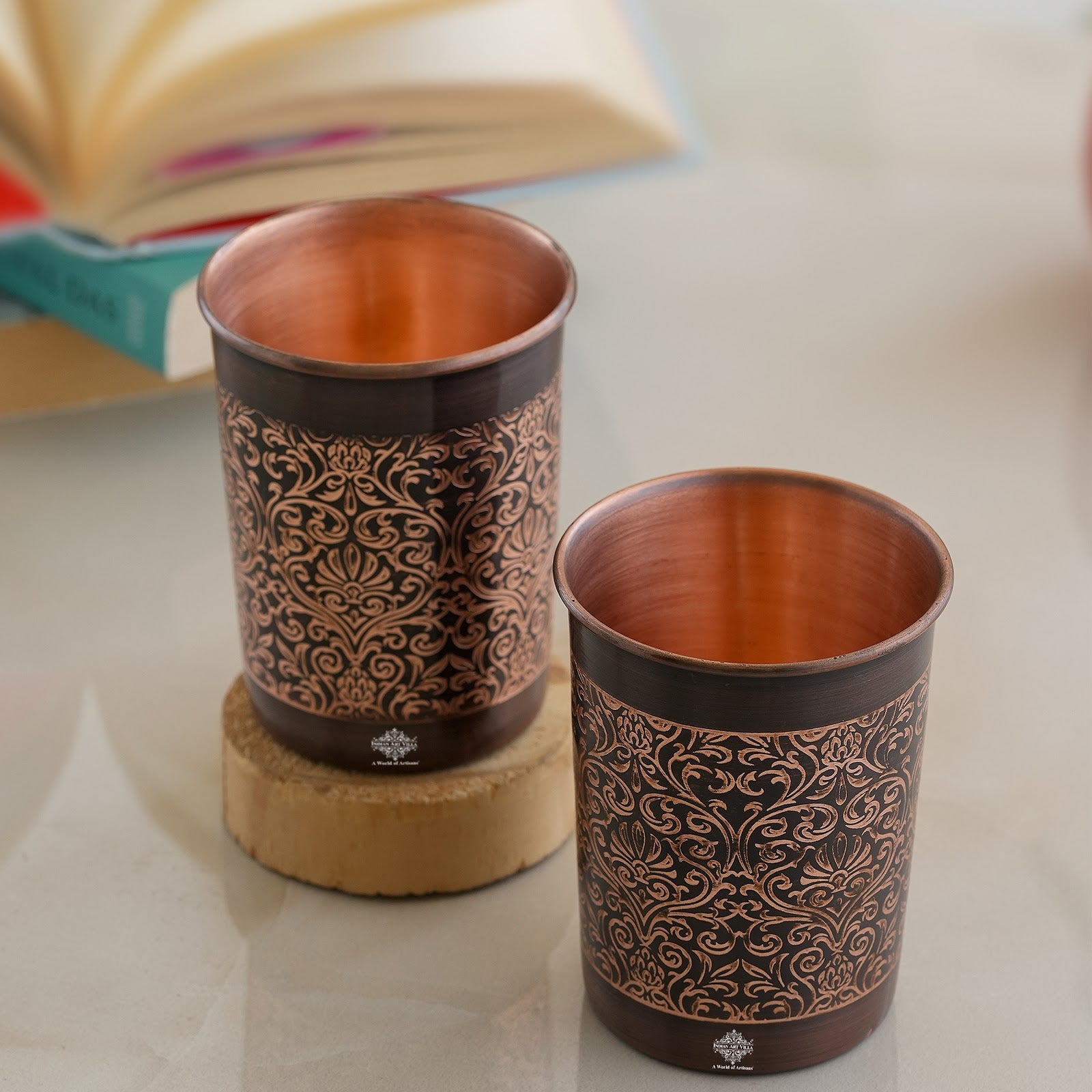 Pure Copper Glass With Handcrafted Embossed Design 275 ML