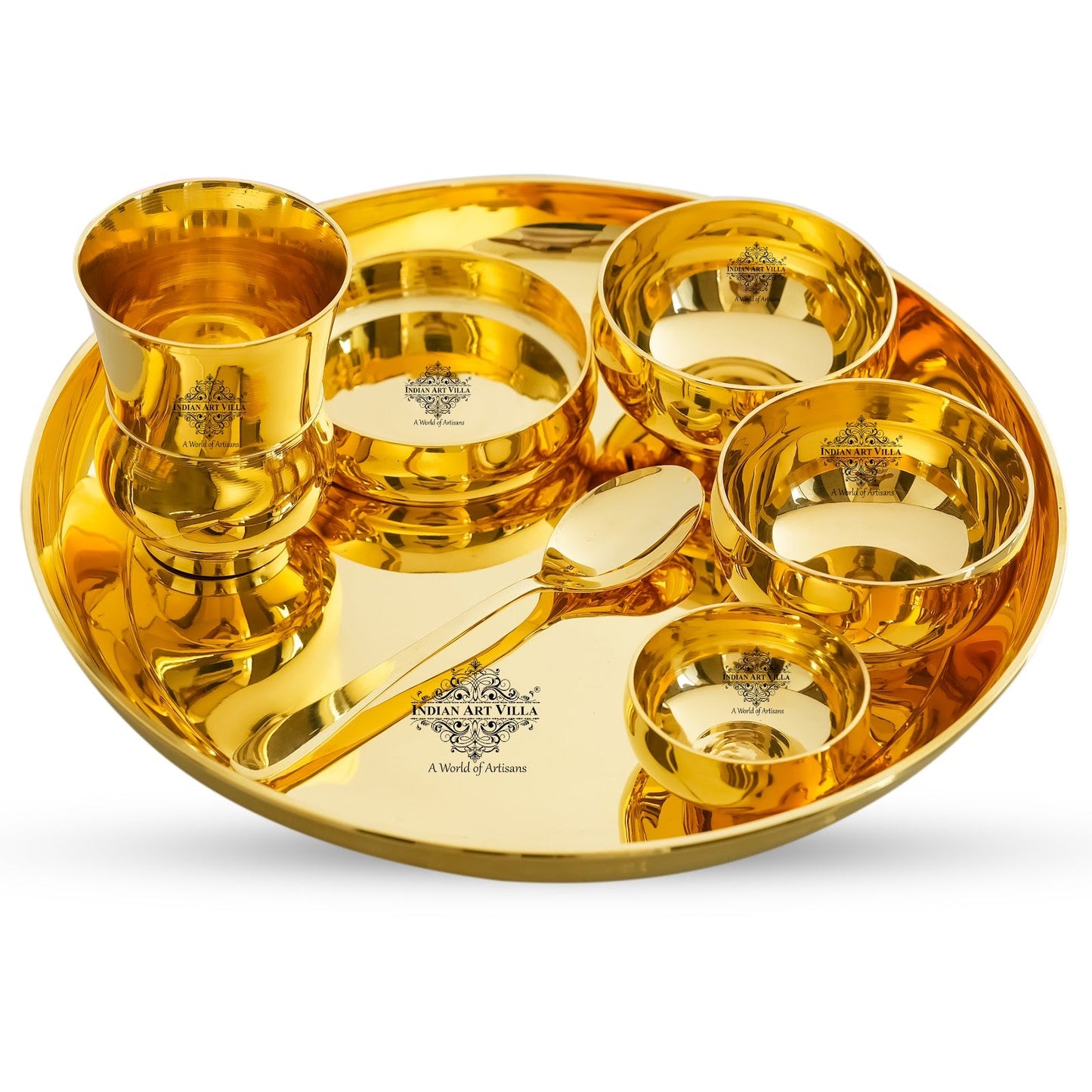 Pure Brass Dinner Set Shine FInish Design Set of 7 Piece, 30.48 cm thali