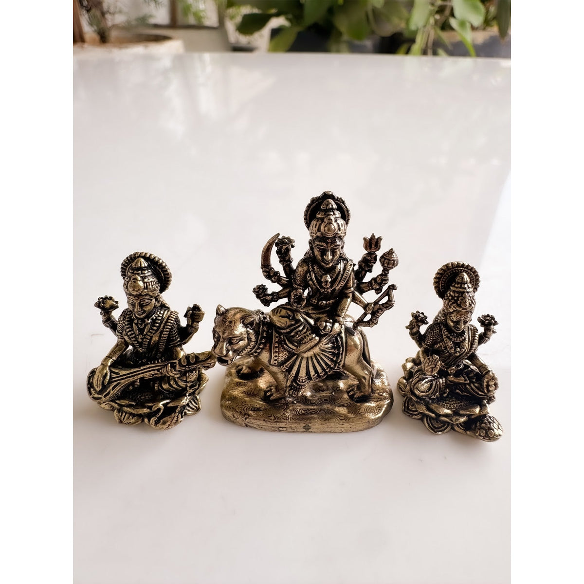 Pure Brass Miniature Durga Lakshmi Saraswati Combo - Navratri Tridevi Combo
