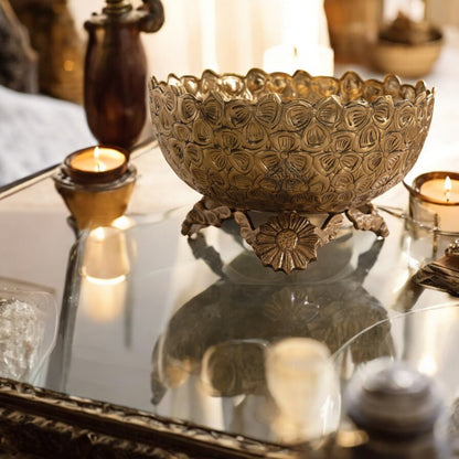 Brass Decorative Floral Embossed Fruit Bowl – 7.9 Inch, 1550 ML Golden Finish Brass Bowl with Pedestal, Handmade Serving & Display Bowl for Dry Fruits, Snacks, Fruits, Table Décor, and Gifting