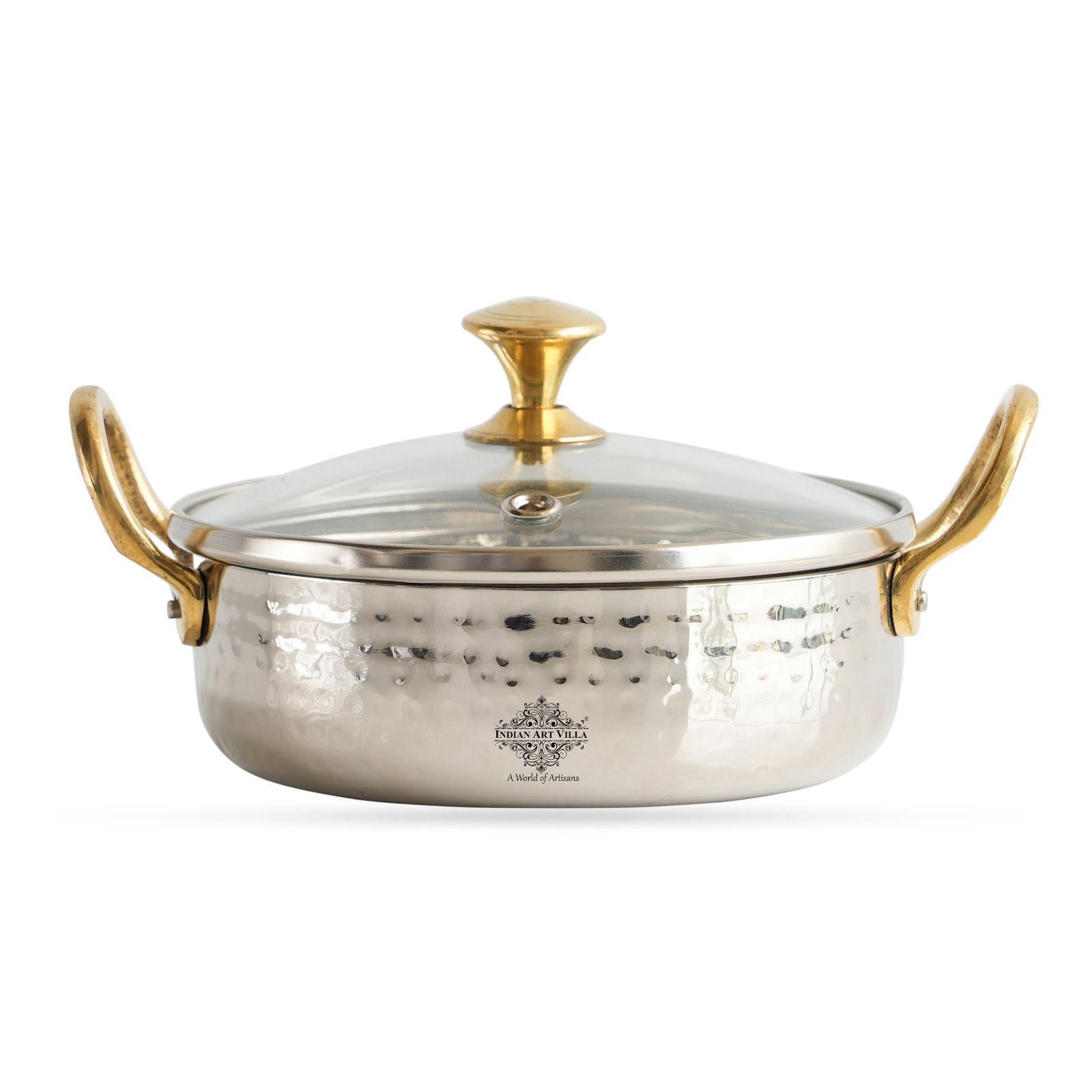 Stainless Steel Hammered Sauce Pan/Bowl with Brass Handles and Glass Lid, Ideal for Sauces, Soups, Gravies, and Cooking
