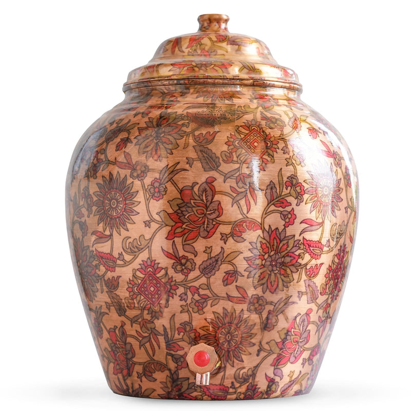 Pure Copper Water Pot | Dispenser | Matka with Printed Flower & Leaf Design, 13 Ltr.