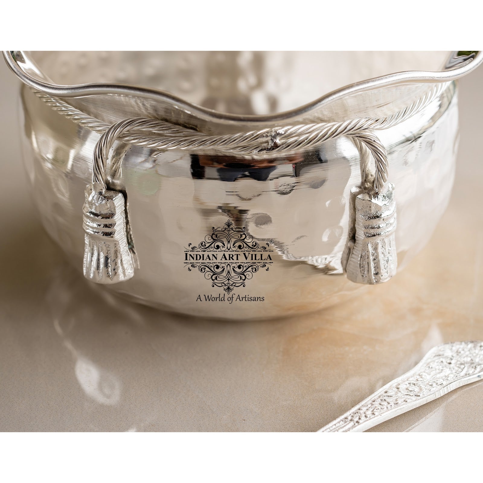 Luxury Silver-Plated Bowl with Hammered Finish & Matching Spoon – Elegant Gift Set for All Occasions