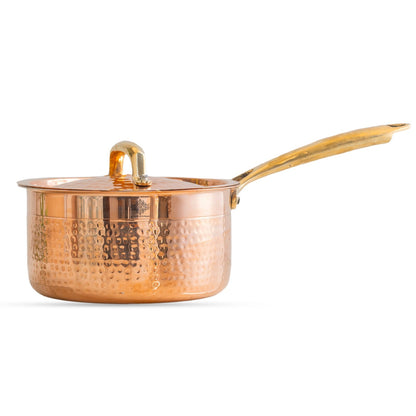 Indian Art Villa, Pure Copper Hammer Long Handle Sauce Pan With Inside Tin Lining And Lid, Copper Cookware & Serveware
