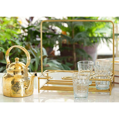 Handcrafted Pure Brass Hammered Tea Pot with Brass Stand with 4 Glass Tea Cup