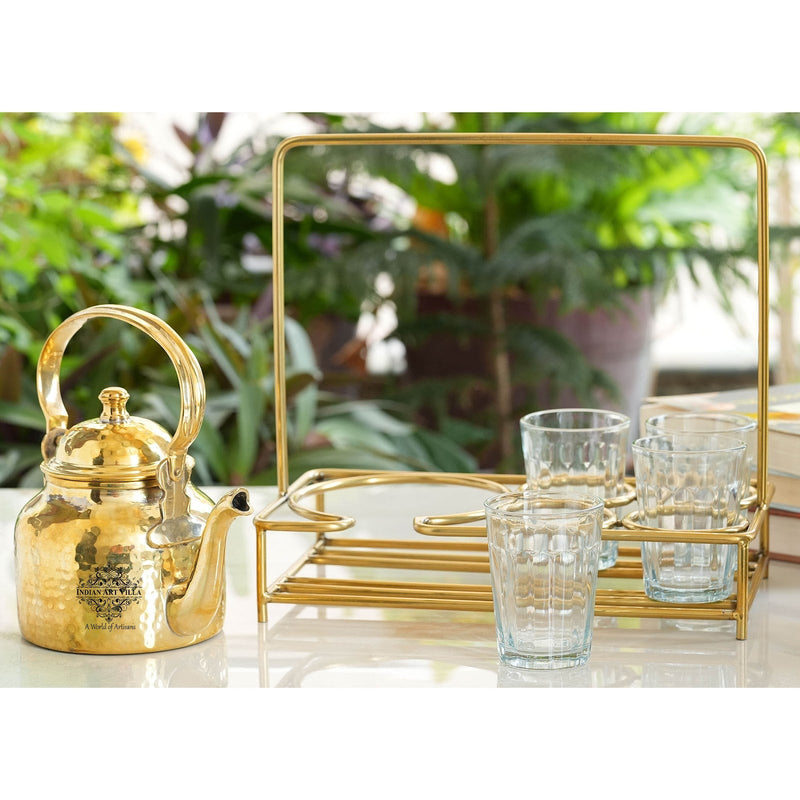 Handcrafted Pure Brass Hammered Tea Pot with Brass Stand with 4 Glass Tea Cup