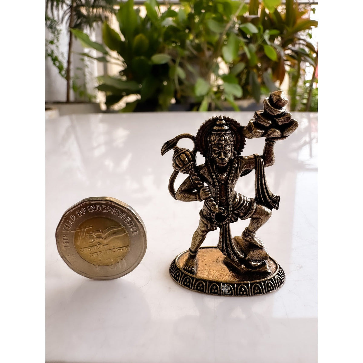 Pure Brass Miniature Hanuman Ji Standing Murti with Parvat
