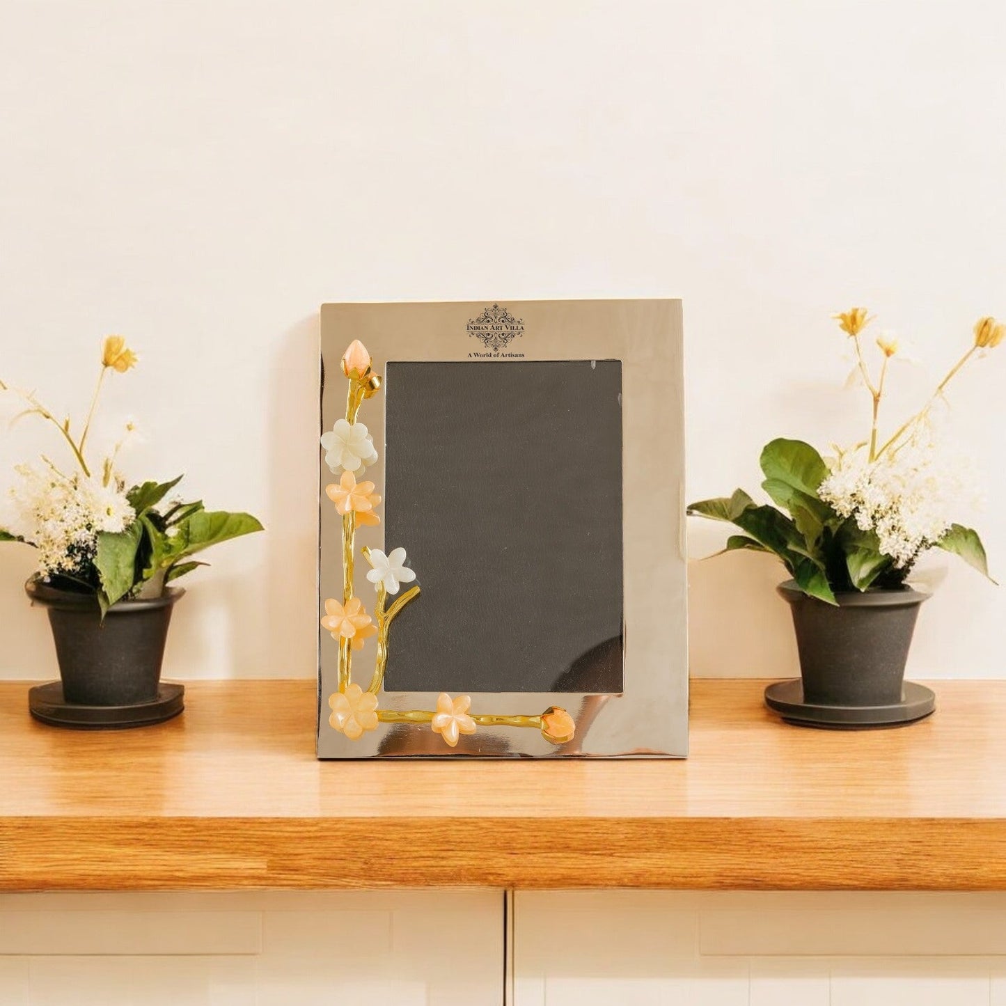 Silver Plated Photo Frame, Lotus Bird Flowers Design, 9.5x7.5 Inches Frame for 7x5 Photo Size, Ideal for Home Décor