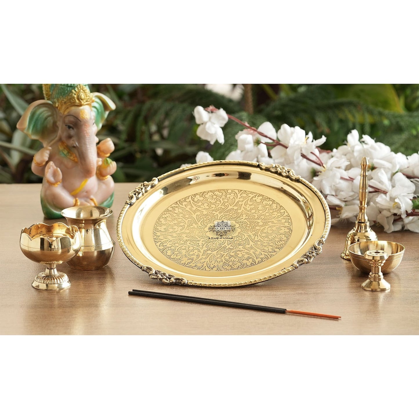 Pure Brass Embossed Puja Thali Set, 6 Pieces Set, 20.32 cm, Poojan Purpose, Spiritual Gift Item