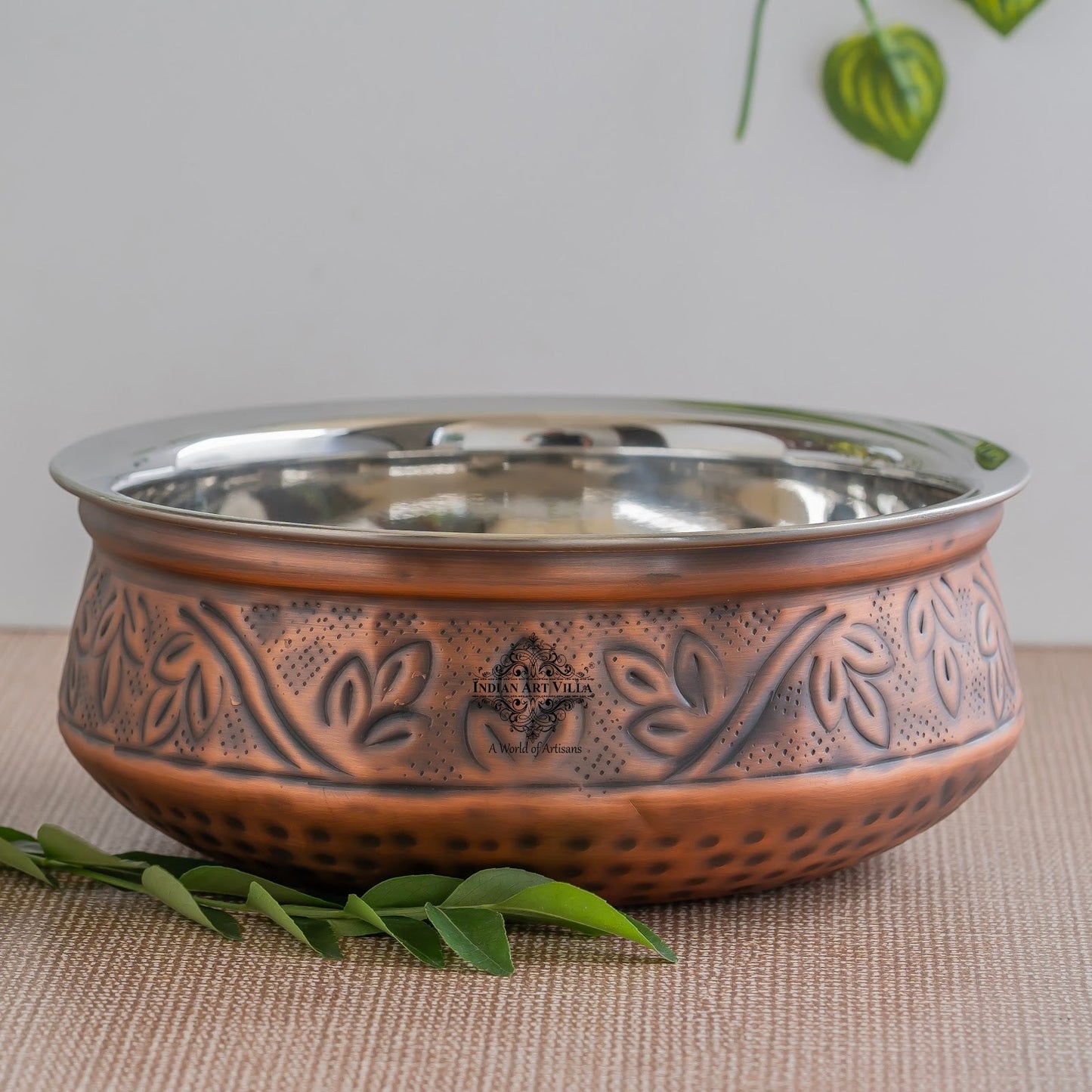 Indian Art Villa, Pure  Steel Copper Embossed Design Serving Handi/Bowl/Casserole, Ideal for Home & Restaurant Tableware and Serveware
