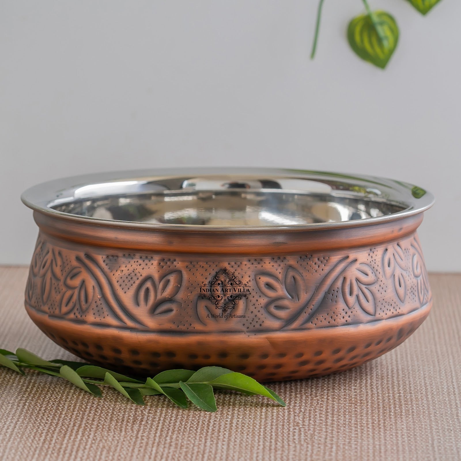 Indian Art Villa, Pure  Steel Copper Embossed Design Serving Handi/Bowl/Casserole, Ideal for Home & Restaurant Tableware and Serveware