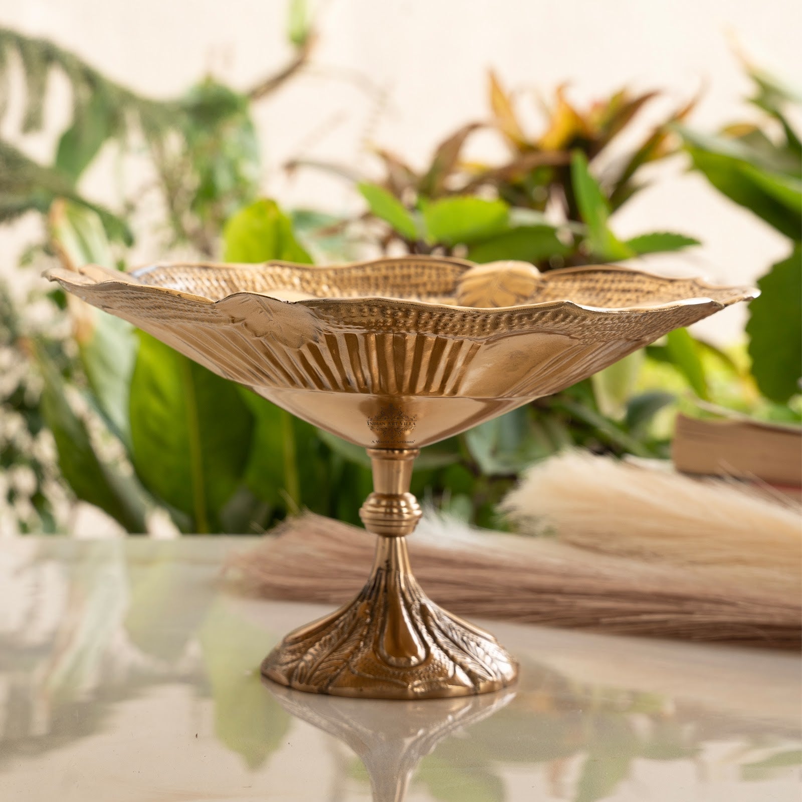 Brass Decorative Bowl with Embossed Floral Design – 10 Inch Gold Finish Fruit Bowl for Table Centerpiece, Table Décor and Gifting