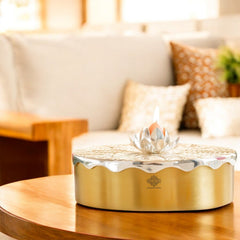 Silver-Plated Brass Decorative Multi-Purpose Gift Box, Lotus Flower Design, Elegant Silver & Gold Finish Storage Box for Dry Fruits