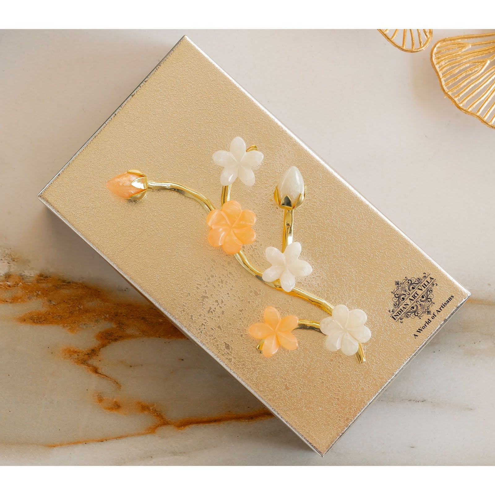 Wooden Decorative Box with Silver-Plated Leaf and Flower Design
